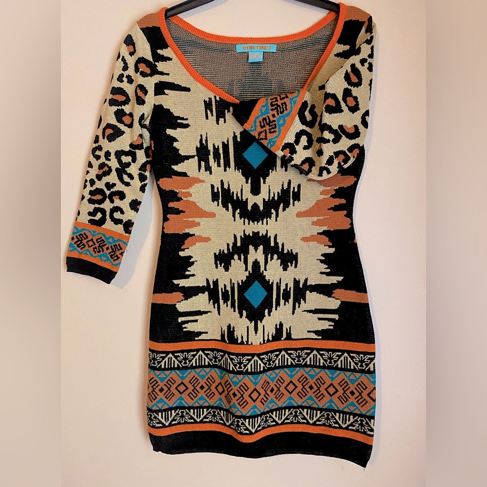FlyingTomato SM 3/4 Sleeve Geometric + Animal Print Short & Fitted Sweater Dress